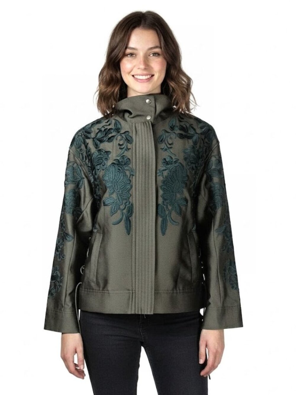 Lewit Oversize Embroidered Jacket, Olive/ Green, Womens Size Small